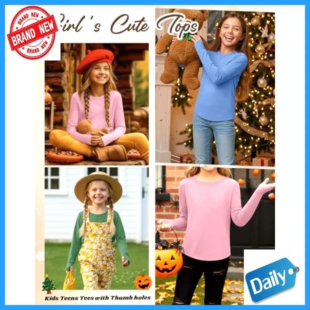 3 Pack Girls Long Sleeve Tees with Thumb Holes Cotton Crew Neck Layering Tops
